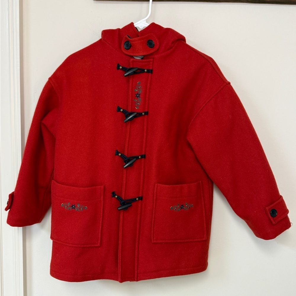 Vintatge Petit Poids: Girls Red Wool Toggle Coat w/ Floral Embroidery, Size 12